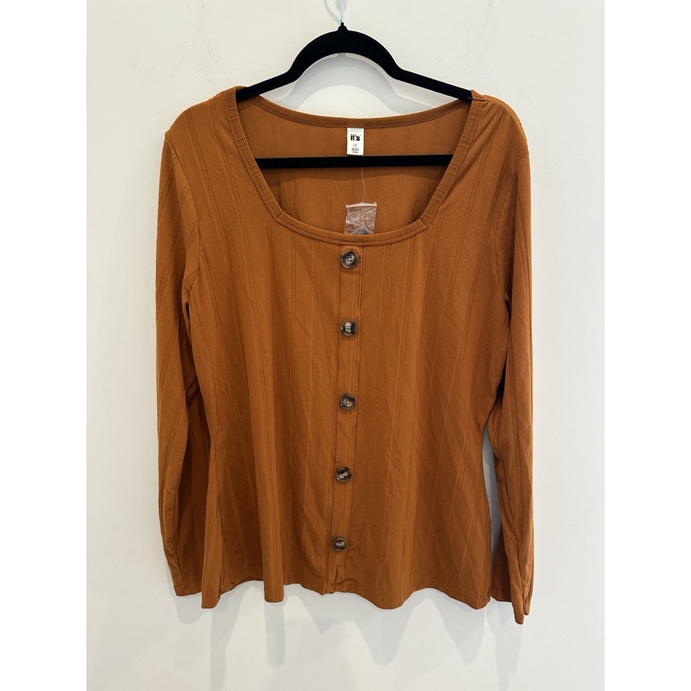 It's Women's 1X Mustard Long Sleeve Blouse Stretchy Comfy Basic Button Detail